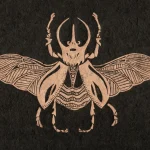 Linogravure monochrome Attilas d'un scarabée Atlas, en doré sur noir