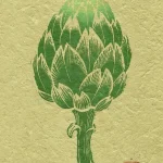 linogravure d'un artichaut en dégradé vert sur papier fibré