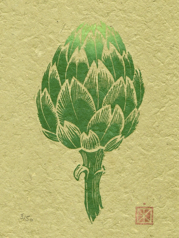 linogravure d'un artichaut en dégradé vert sur papier fibré