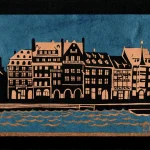 Linogravure en du Quai des Bateliers à Strasbourg, impression en doré sur noir et papier découpés bleus