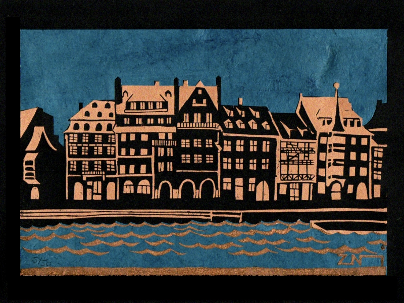Linogravure en du Quai des Bateliers à Strasbourg, impression en doré sur noir et papier découpés bleus