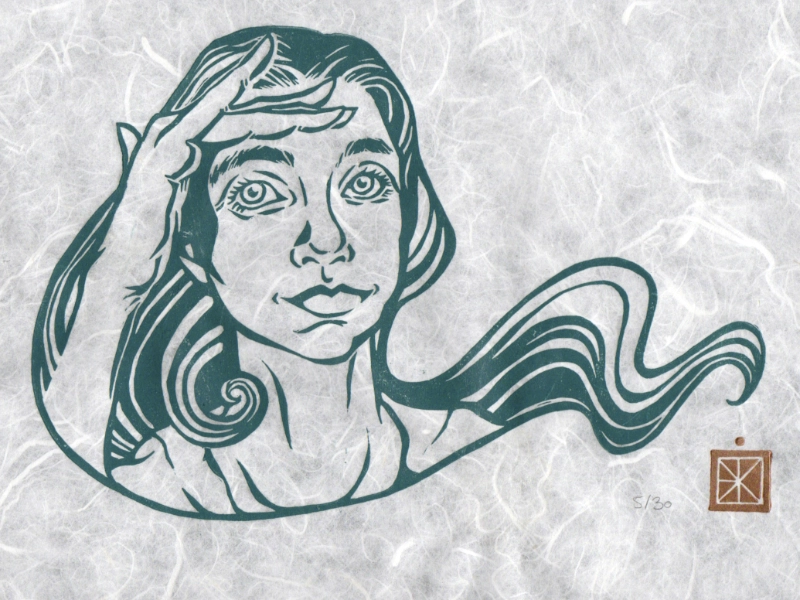 Linogravure monochrome Sanzaru 2 : tête d'une femme qui regarde