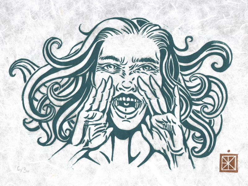 Linogravure monochrome Sanzaru 3 : tête d'une femme qui crie