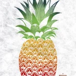 linogravure Ananas, encres en dégradés multicolores sur papier fibré