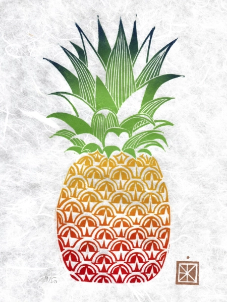 linogravure Ananas, encres en dégradés multicolores sur papier fibré