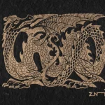 Linogravure monochrome d'un dragon médiéval en doré sur noir