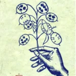 Linogravure monochrome d'une main tenant une branche de Monnaie-du-pape, en bleu sur papier lokta vert