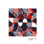 linogravure d'un motif tramé géométrique, en bleu et rouge sur fond blanc